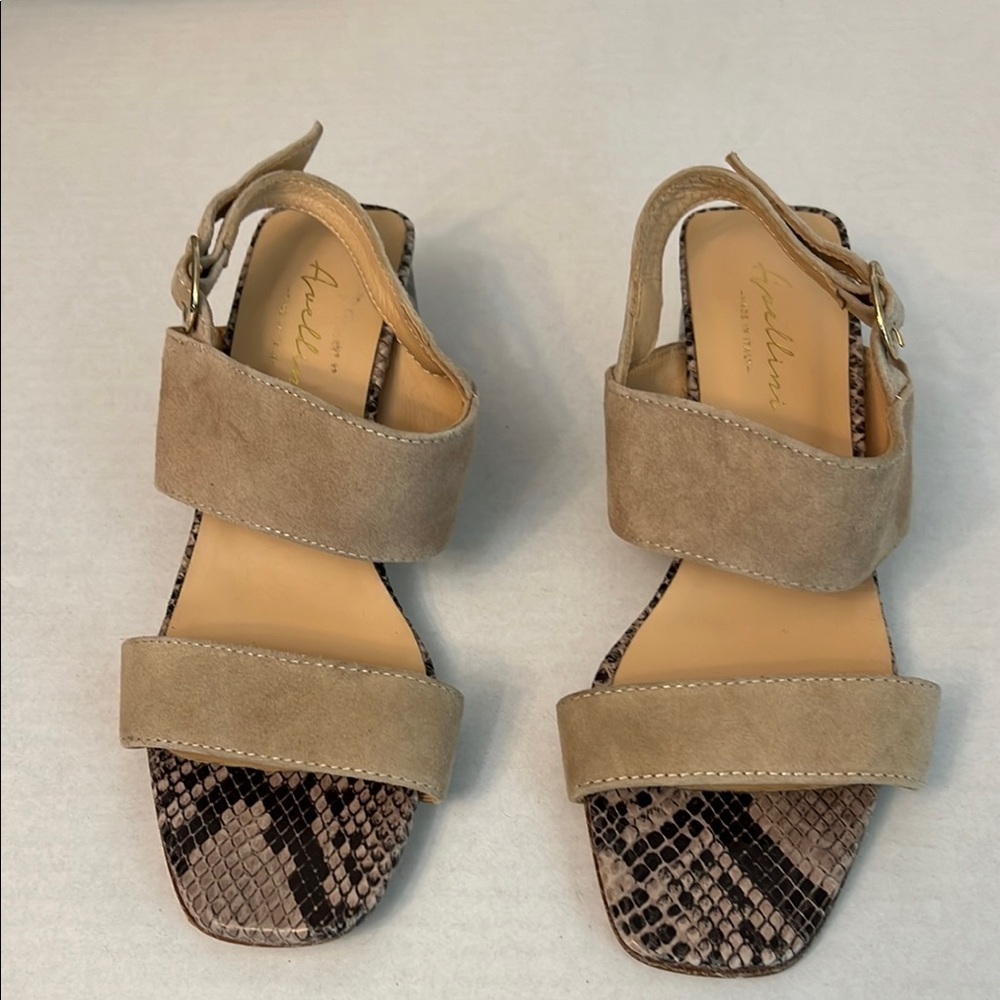 VERO CUOIO AVELLINI SNAKESKIN AND CREAM LEATHER BLOCK HEEL SANDALS